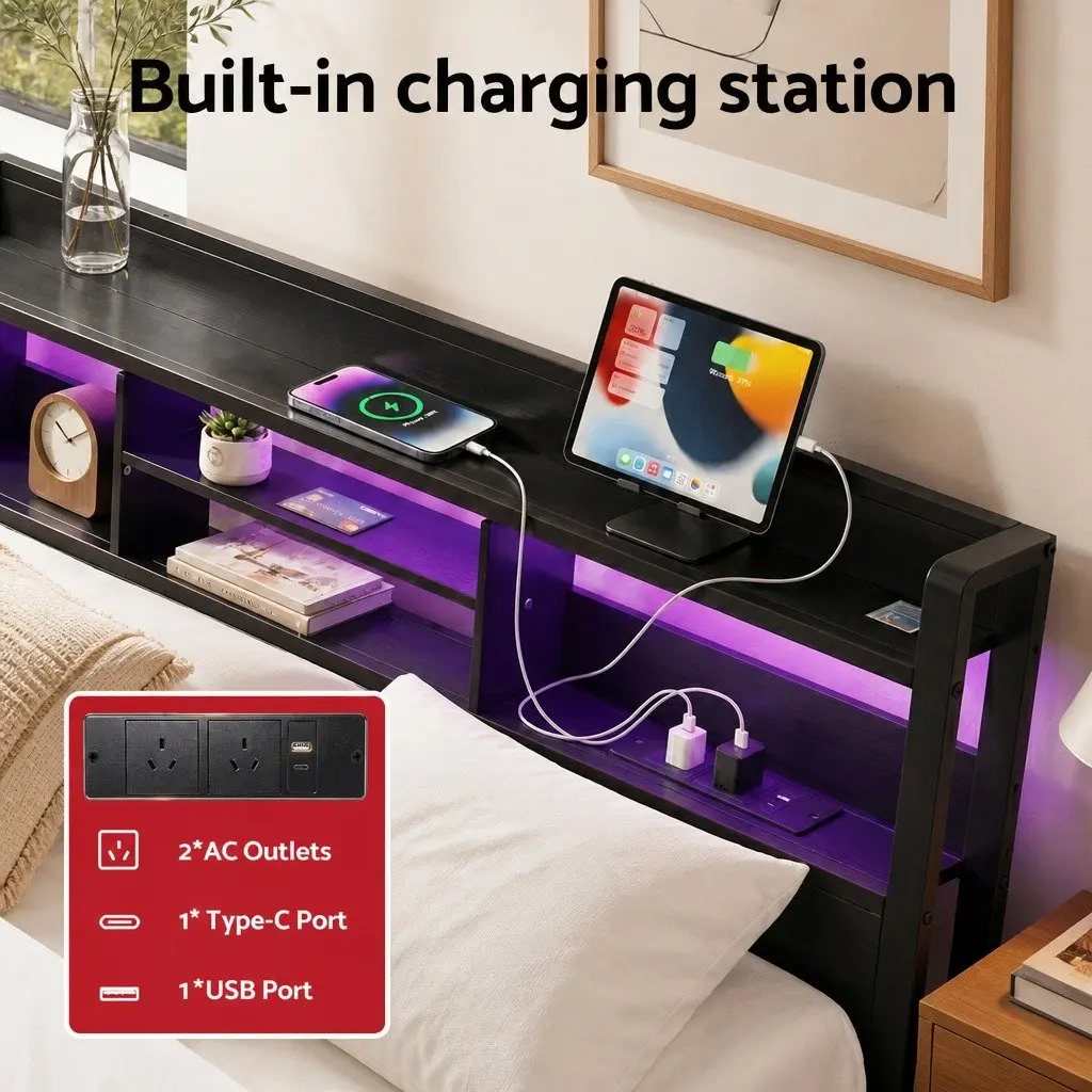 Queen Bed Frame with Storage Drawers LED Charging Station Metal Industrial