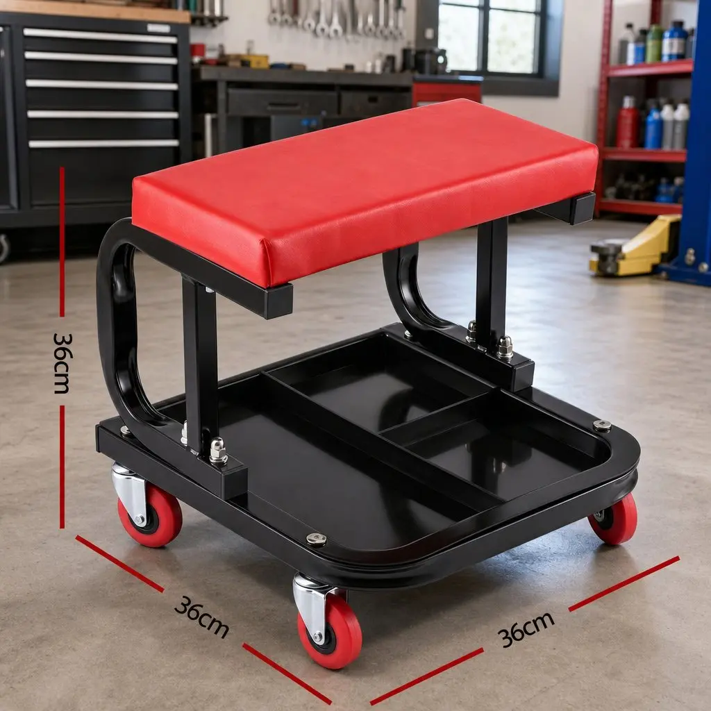 Rolling Mechanic Creeper Seat Heavy Duty Steel 36x36cm Red or Black