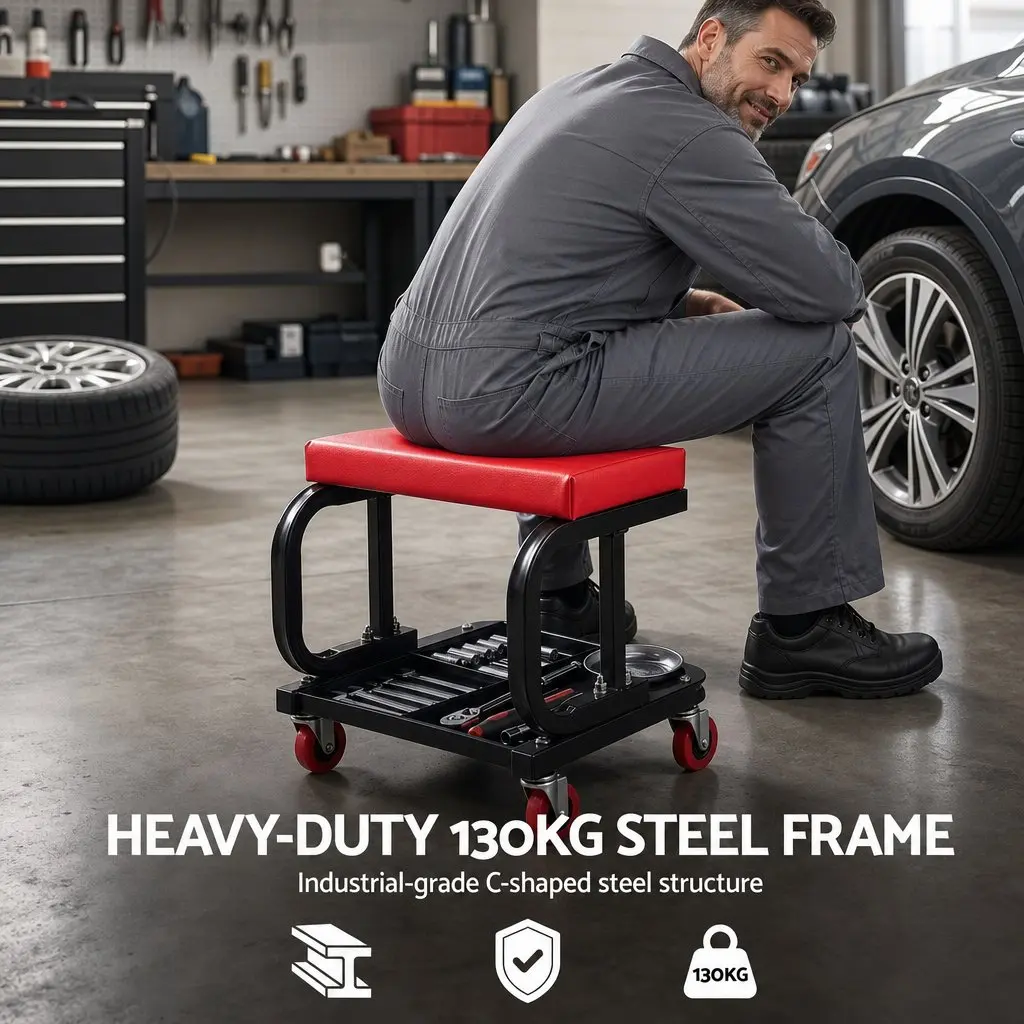 Rolling Mechanic Creeper Seat Heavy Duty Steel 36x36cm Red or Black