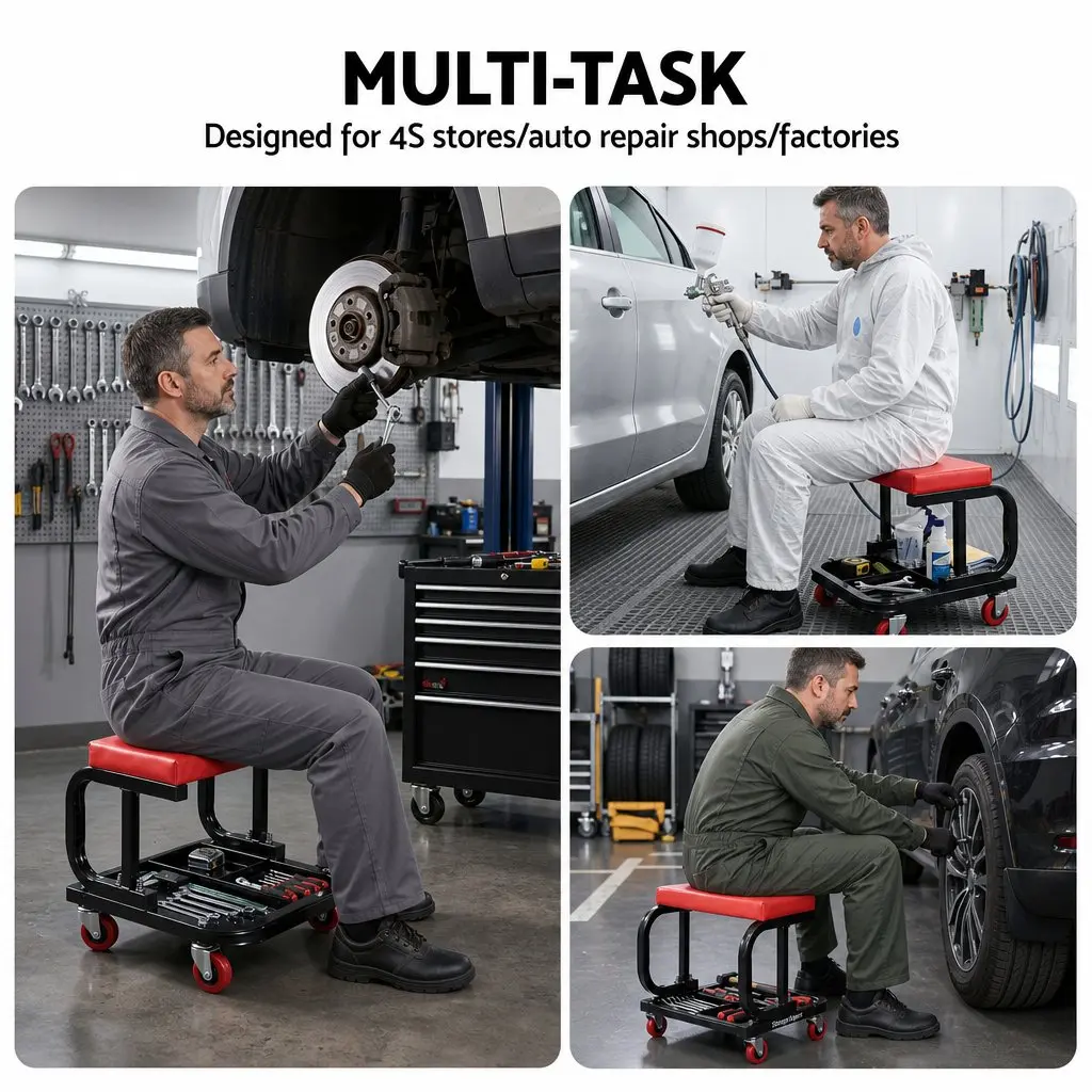 Rolling Mechanic Creeper Seat Heavy Duty Steel 36x36cm Red or Black