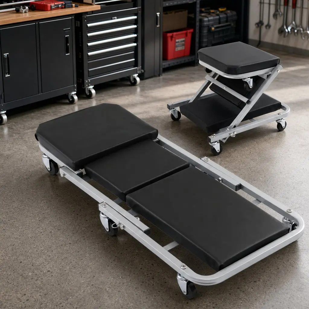 Garage Creeper Mechanic Stool 2-in-1 Heavy Duty Steel Black or Grey 90cm x 41cm x 13cm