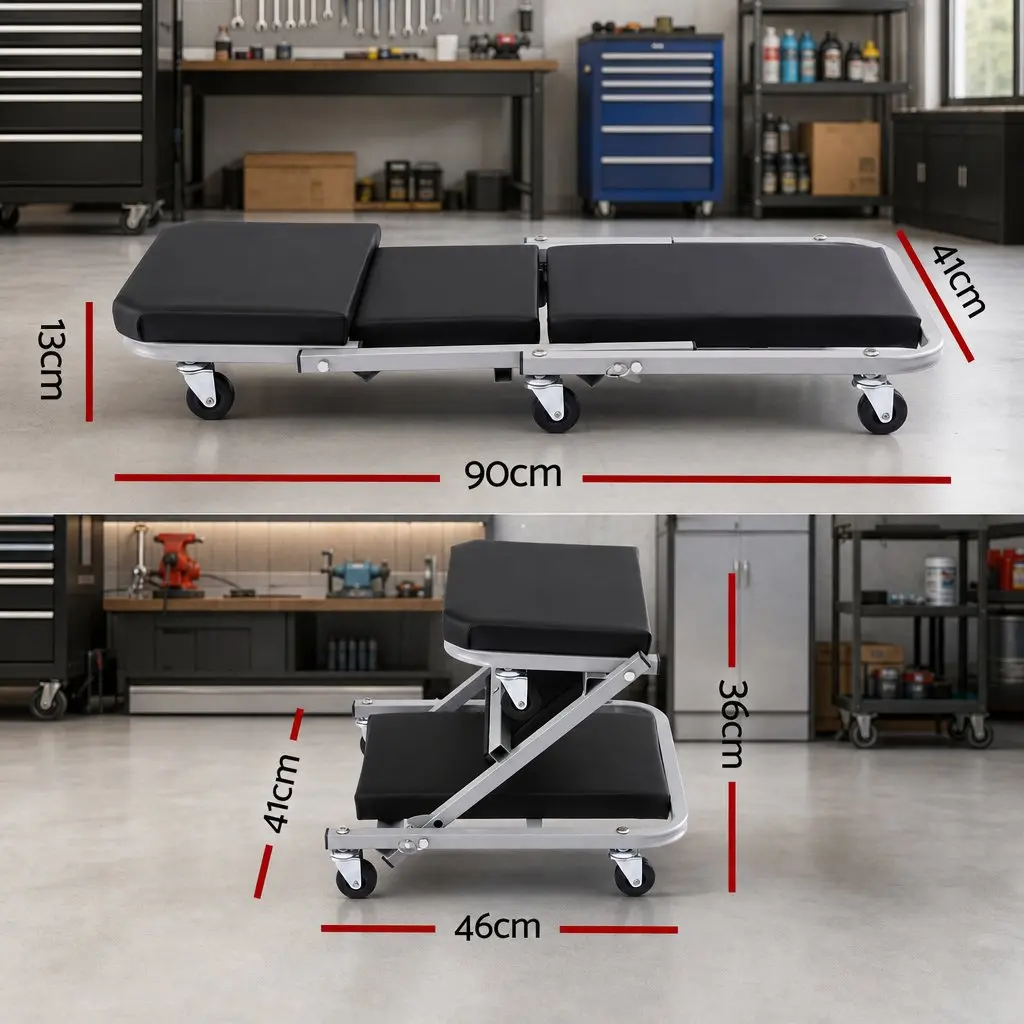 Garage Creeper Mechanic Stool 2-in-1 Heavy Duty Steel Black or Grey 90cm x 41cm x 13cm