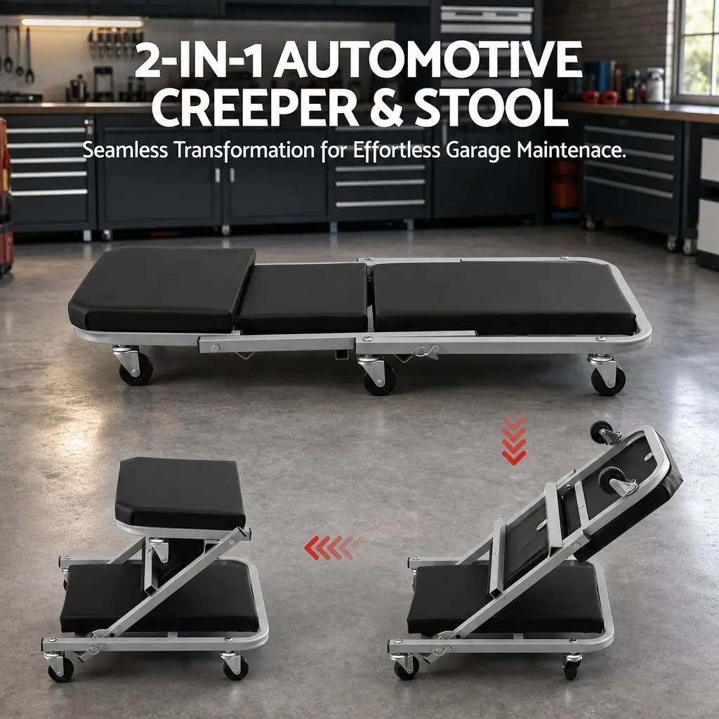 Garage Creeper Mechanic Stool 2-in-1 Heavy Duty Steel Black or Grey 90cm x 41cm x 13cm