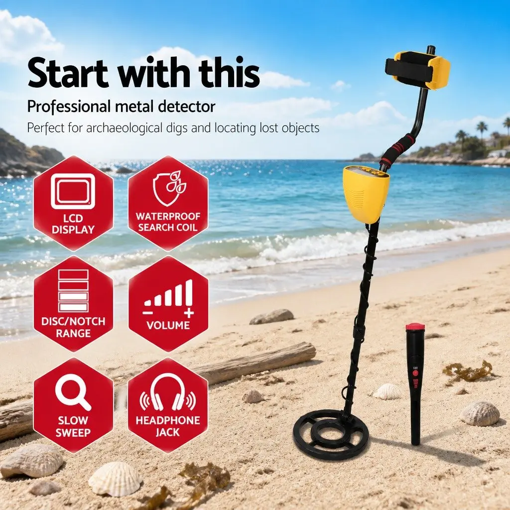 Metal Detector & Pinpointer Set Yellow LCD Display Water Resistant Treasure
