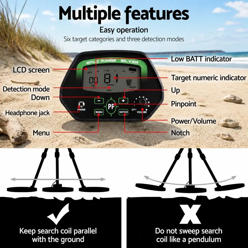 Metal Detector 220MM Waterproof LCD Pinpointer Treasure Hunt Beach Garden Search