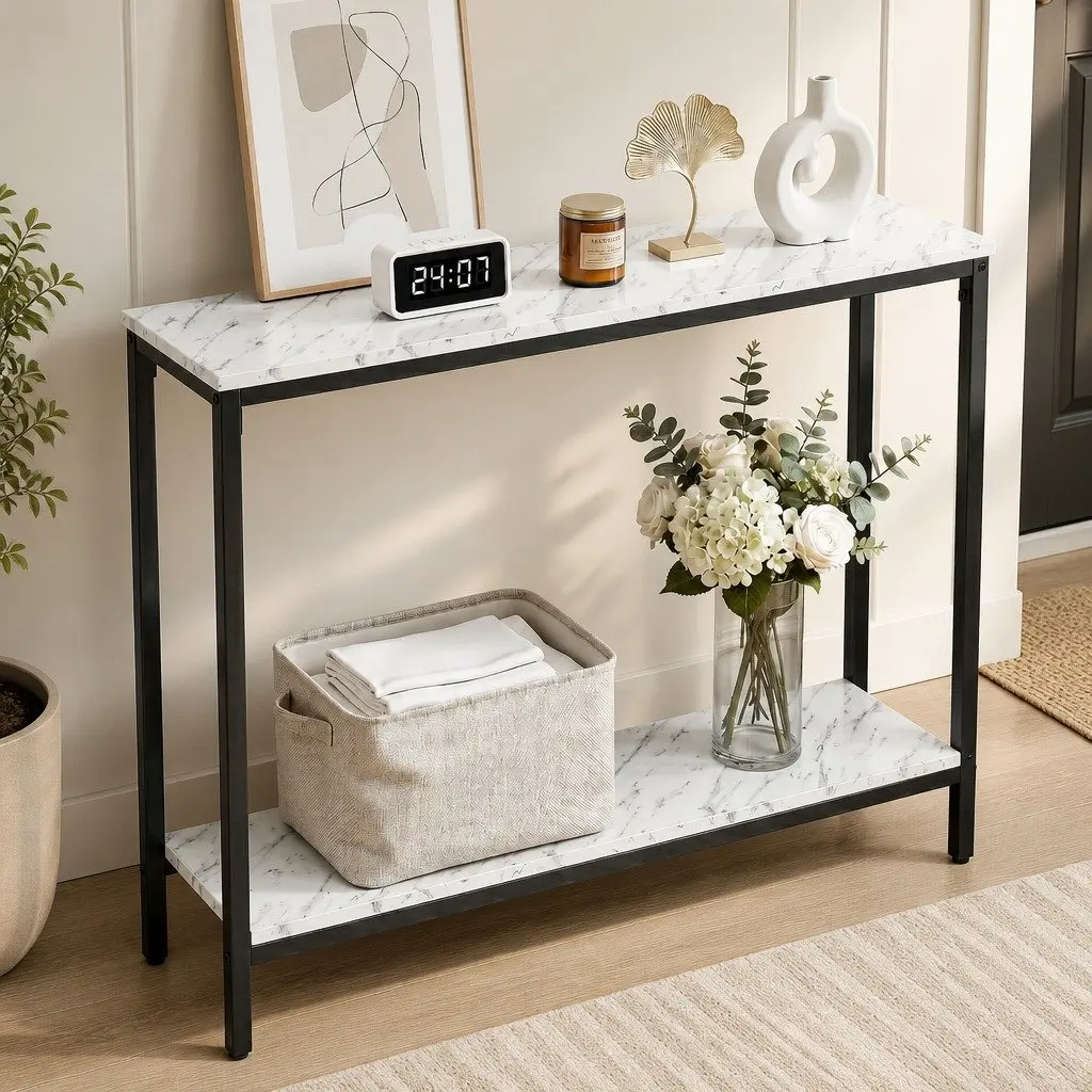 Console Table 2-Tier Entryway Hallway Display Desk Marble Effect Storage Black