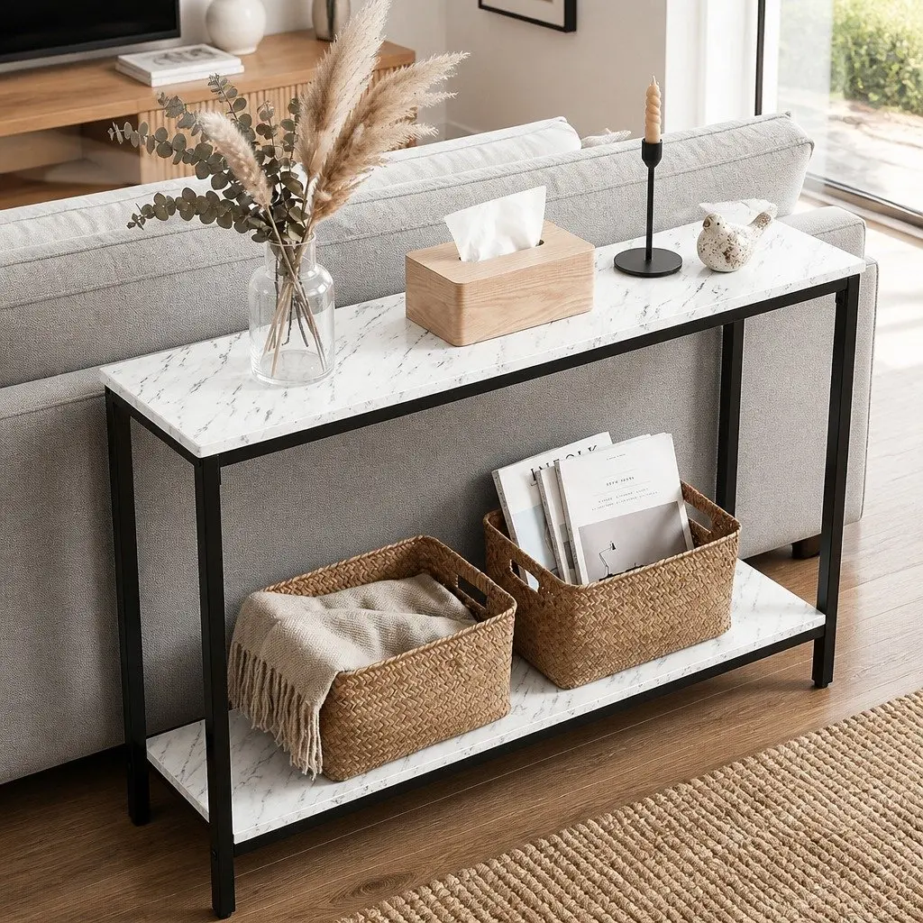 Console Table 2-Tier Entryway Hallway Display Desk Marble Effect Storage Black