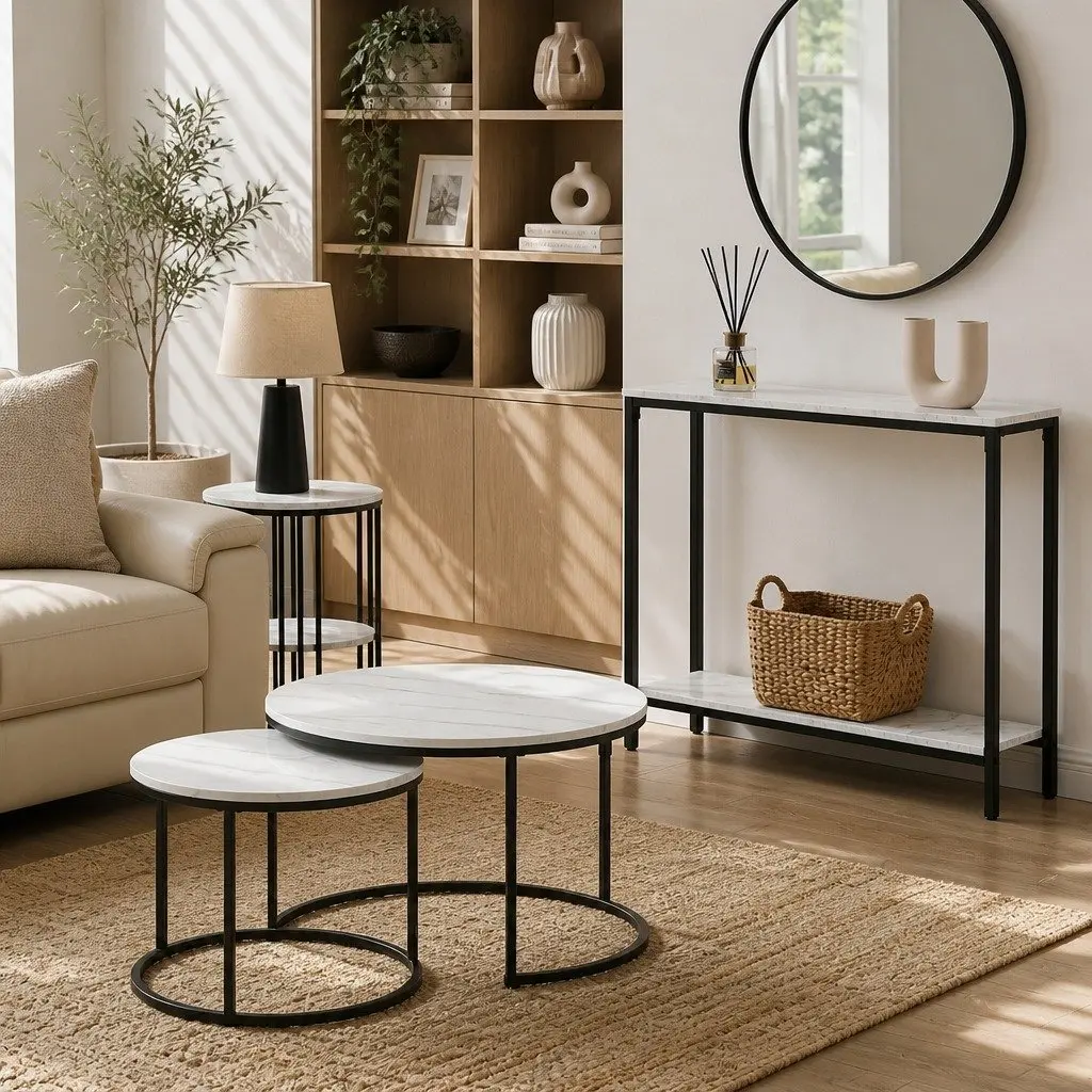 Console Table 2-Tier Entryway Hallway Display Desk Marble Effect Storage Black