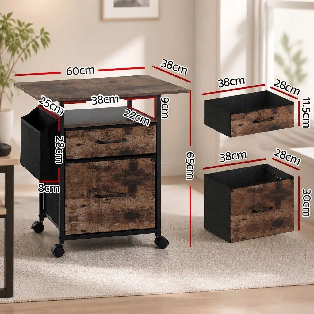 Mobile Filing Cabinet Particle Board 60cm Rustic Brown 2 Drawer File Storage with Castors