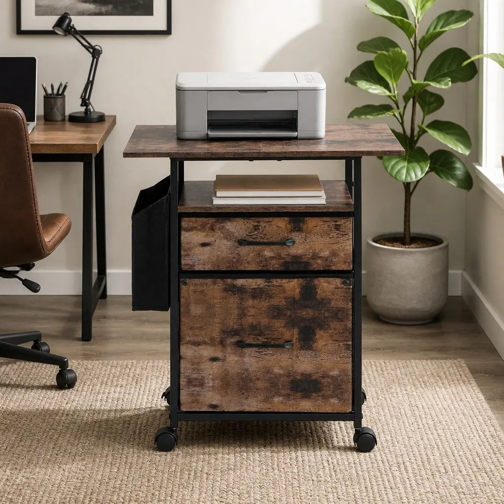 Mobile Filing Cabinet Particle Board 60cm Rustic Brown 2 Drawer File Storage with Castors