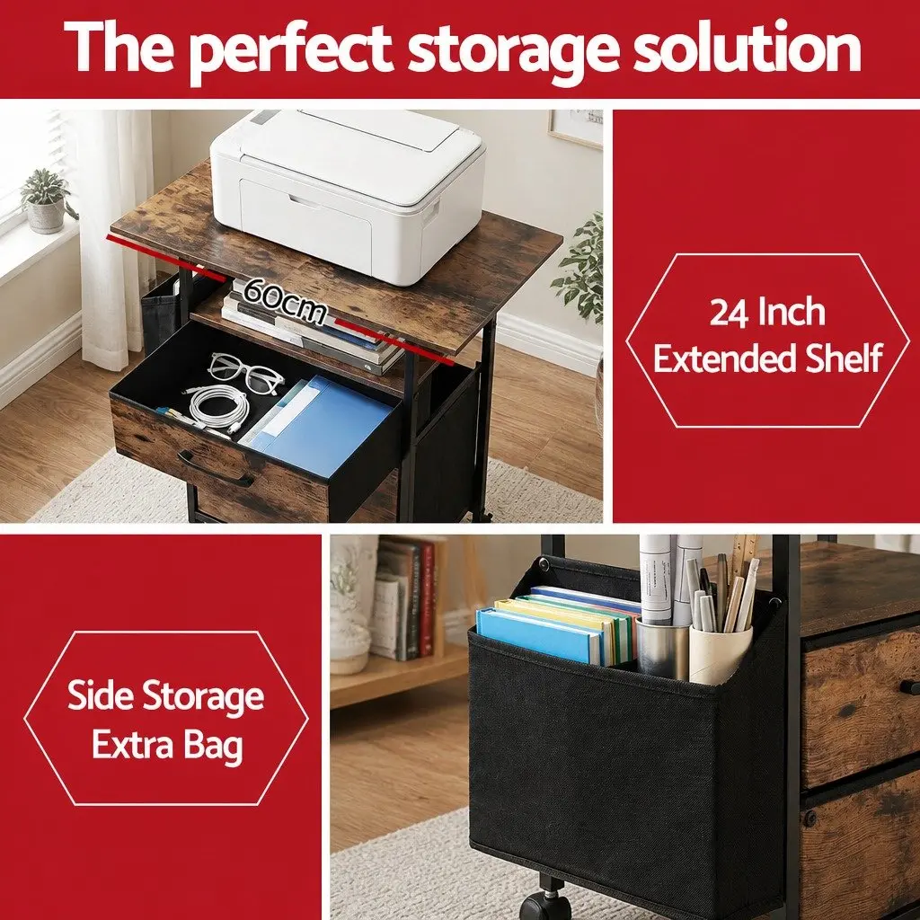 Mobile Filing Cabinet Particle Board 60cm Rustic Brown 2 Drawer File Storage with Castors