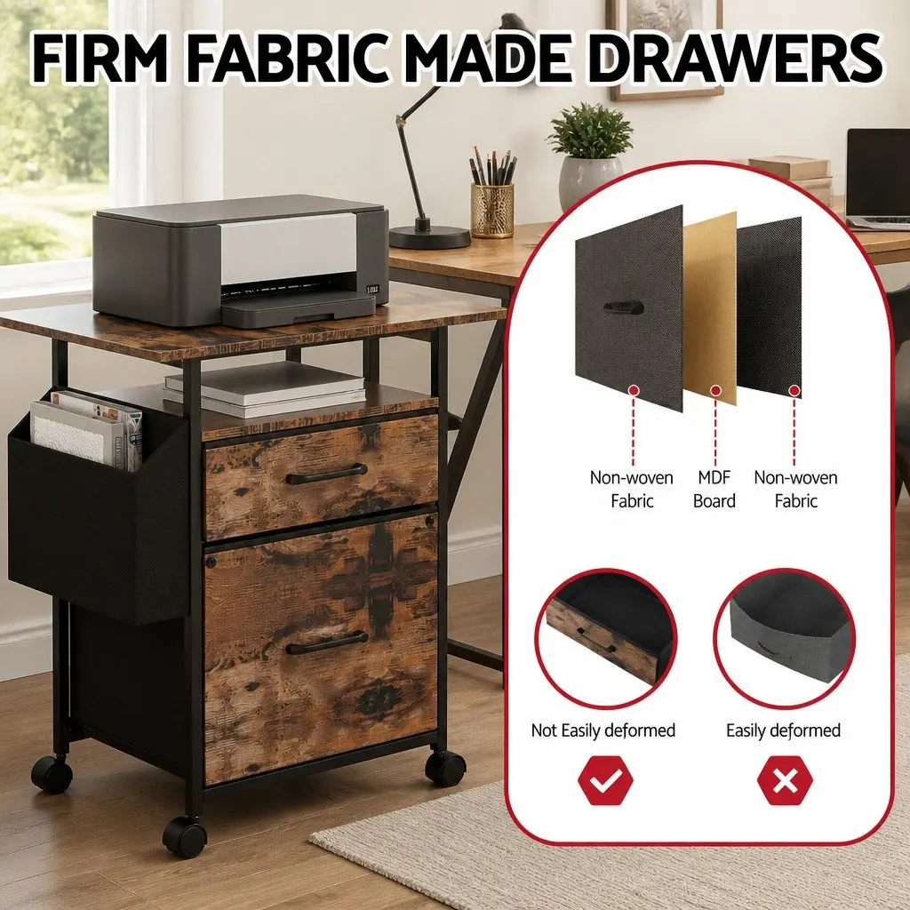 Mobile Filing Cabinet Particle Board 60cm Rustic Brown 2 Drawer File Storage with Castors