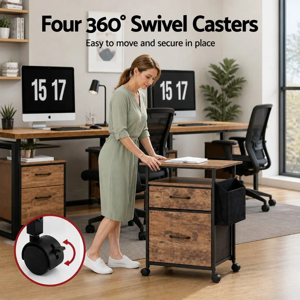 Mobile Filing Cabinet Particle Board 60cm Rustic Brown 2 Drawer File Storage with Castors