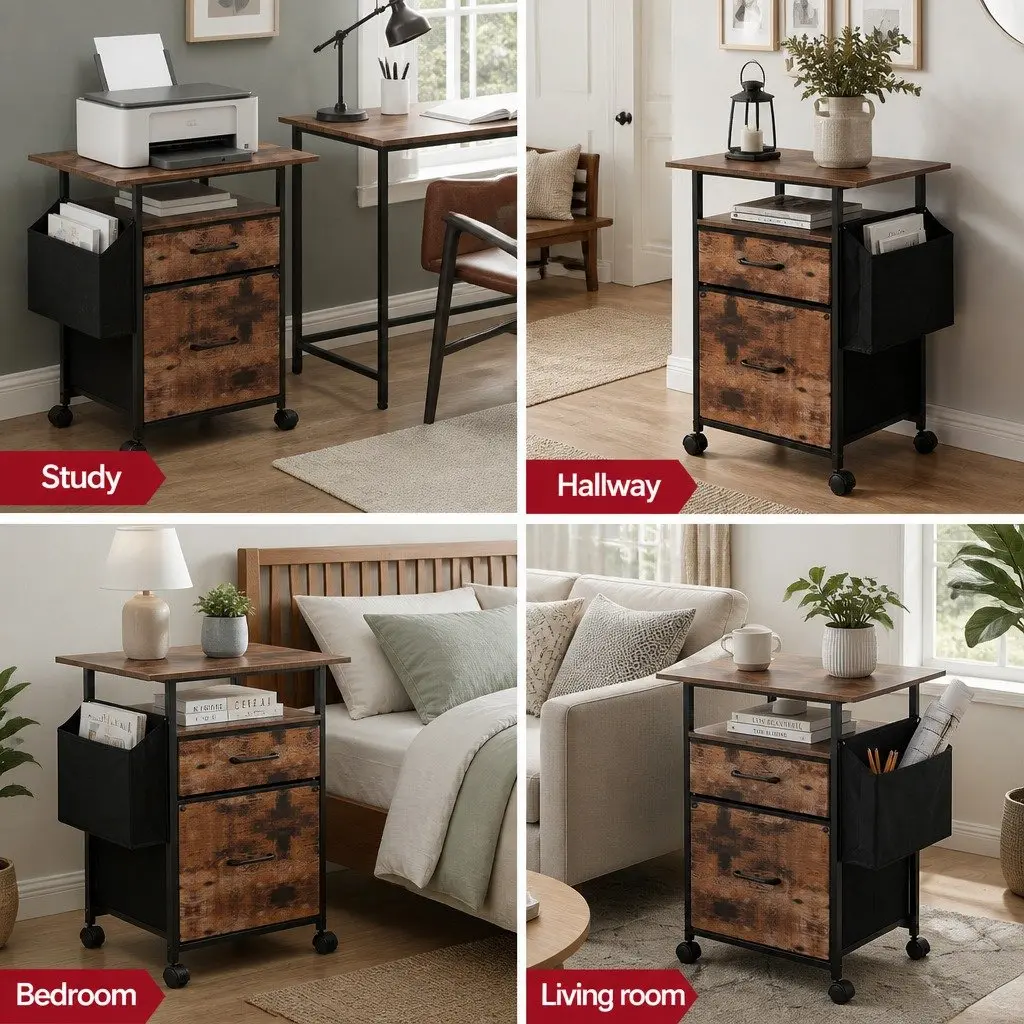 Mobile Filing Cabinet Particle Board 60cm Rustic Brown 2 Drawer File Storage with Castors