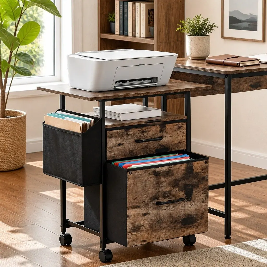 Mobile Filing Cabinet Particle Board 60cm Rustic Brown 2 Drawer File Storage with Castors