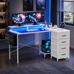 L Shaped Gaming Computer Desk 140cm White Workspace with LED Lighting Power