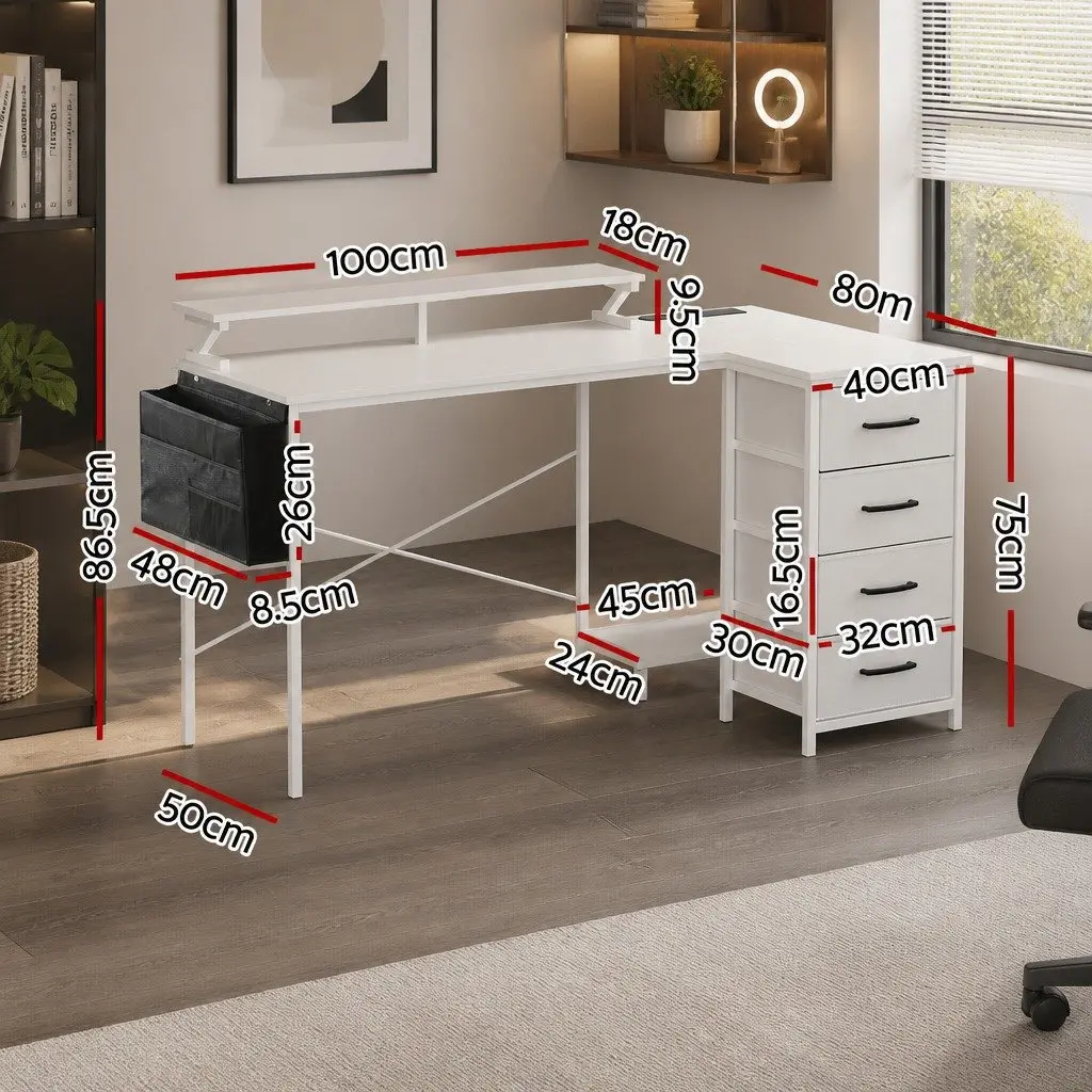 L Shaped Gaming Computer Desk 140cm White with LED Lighting and Power Access