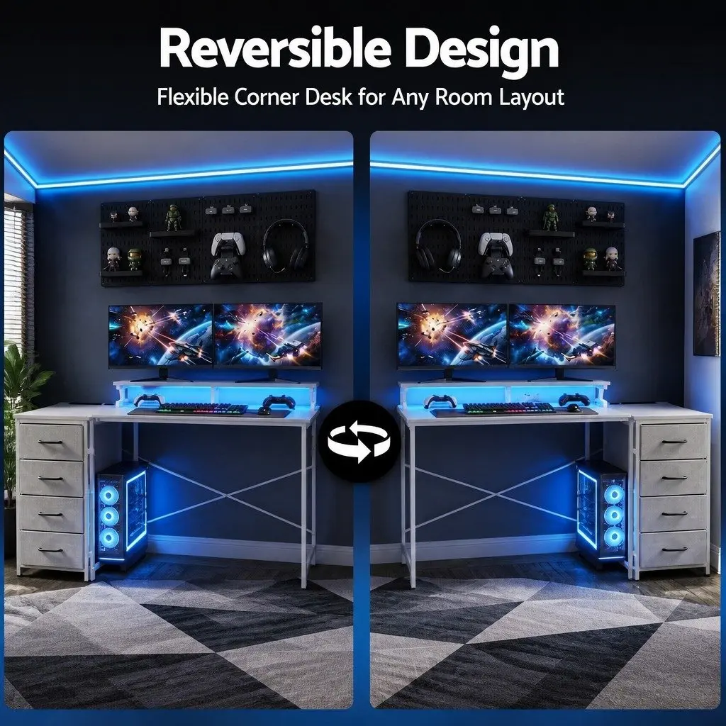 L Shaped Gaming Computer Desk 140cm White with LED Lighting and Power Access