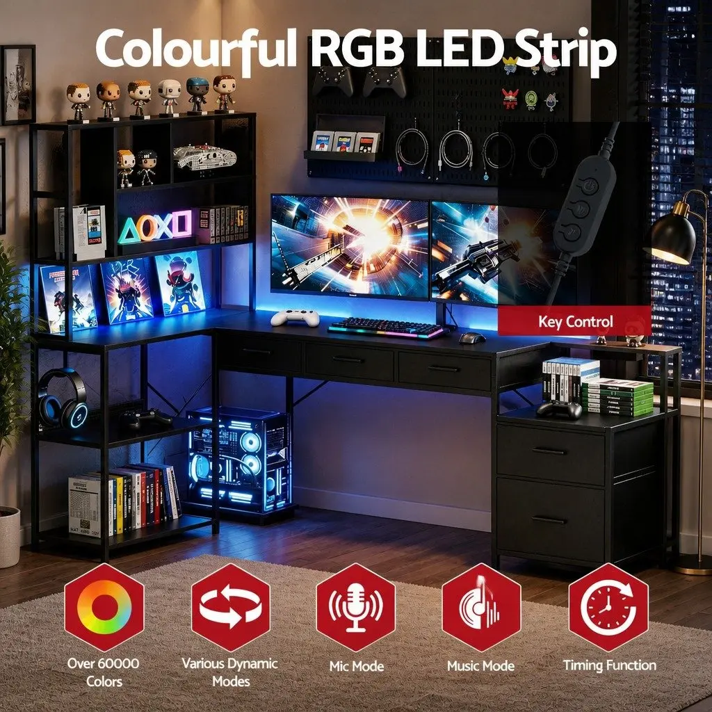 L Shaped Gaming Computer Desk 200cm with RGB LED Lights Power Outlets Storage