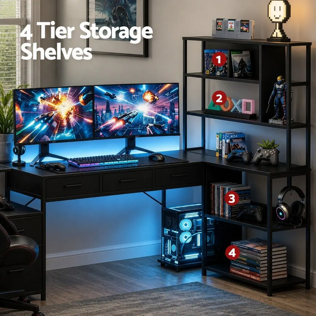 L Shaped Gaming Computer Desk 200cm with RGB LED Lights Power Outlets Storage