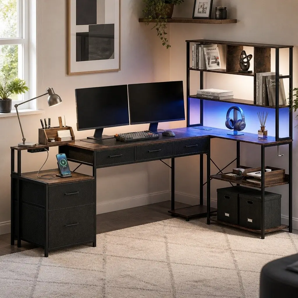 L Shaped Computer Desk Particle Board 200cm Rustic Brown with LED Lights and Power Outlets