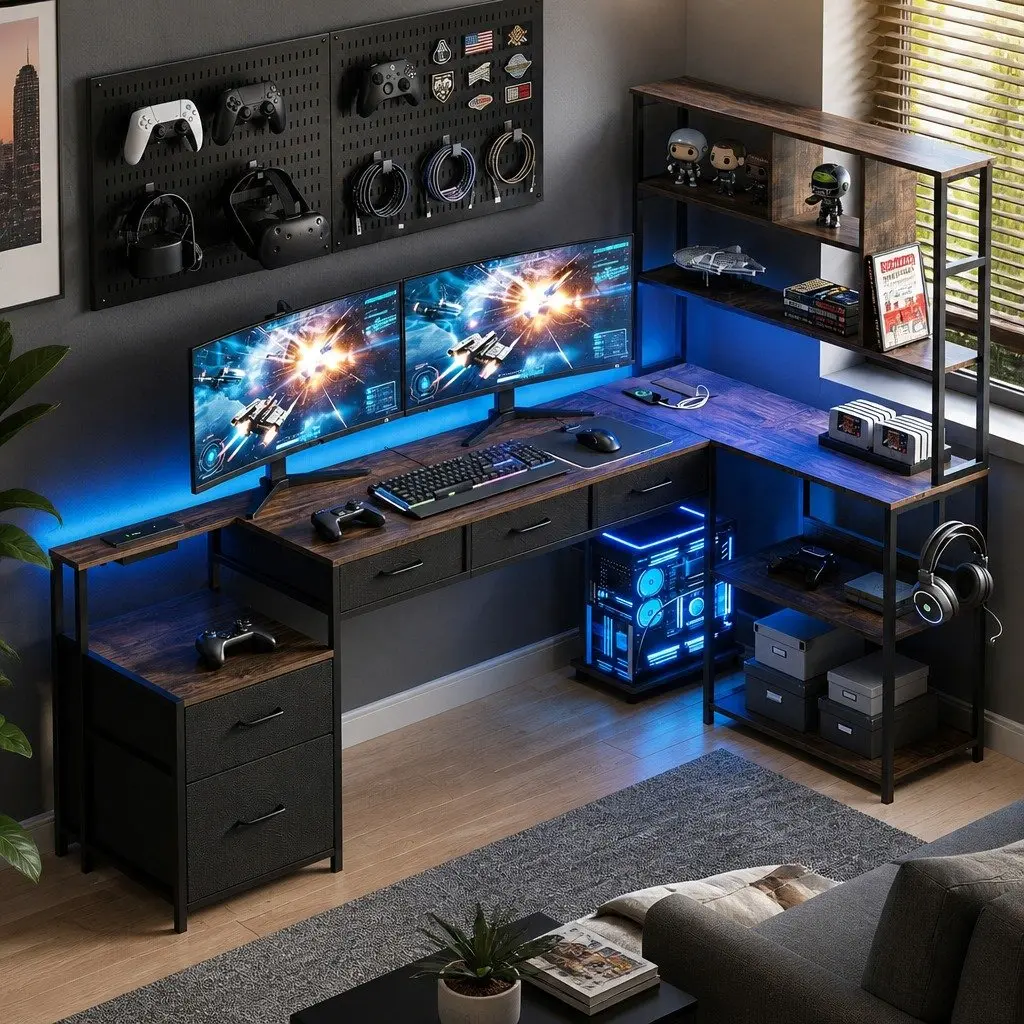 L Shaped Computer Desk Particle Board 200cm Rustic Brown with LED Lights and Power Outlets