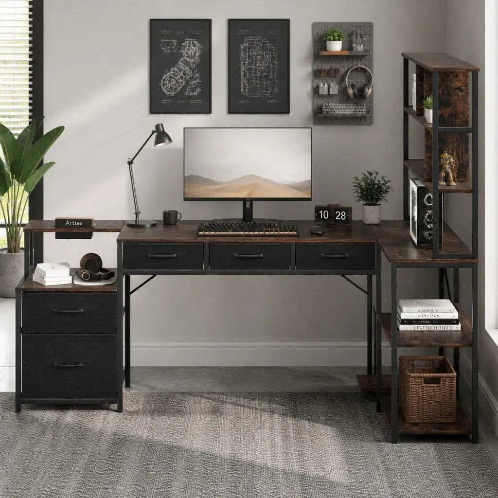L Shaped Computer Desk Particle Board 200cm Rustic Brown with LED Lights and Power Outlets