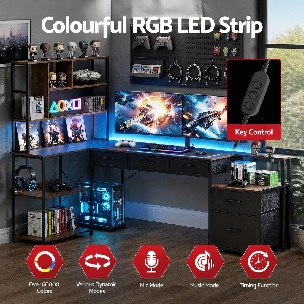 L Shaped Computer Desk Particle Board 200cm Rustic Brown with LED Lights and Power Outlets