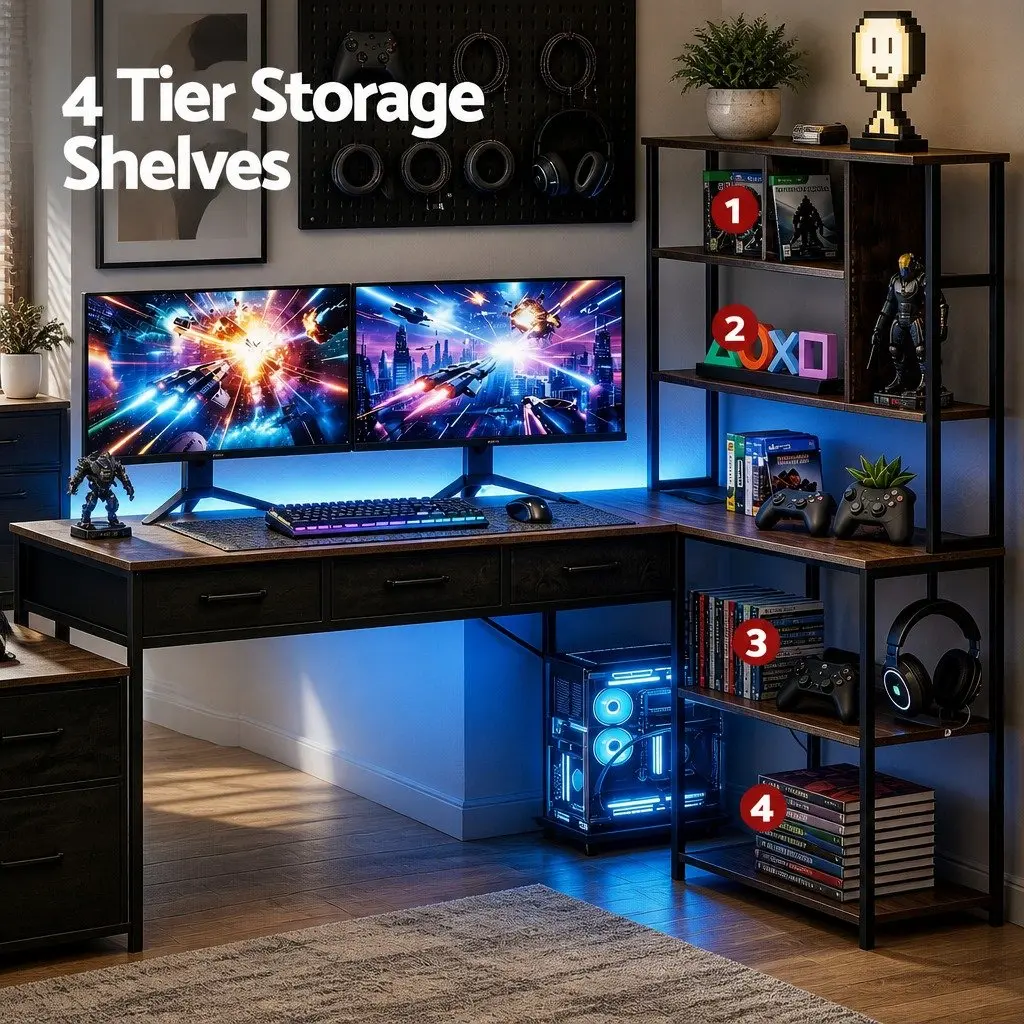 L Shaped Computer Desk Particle Board 200cm Rustic Brown with LED Lights and Power Outlets