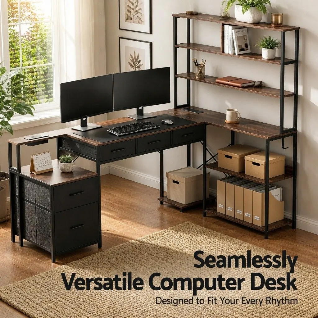 L Shaped Computer Desk Particle Board 200cm Rustic Brown with LED Lights and Power Outlets