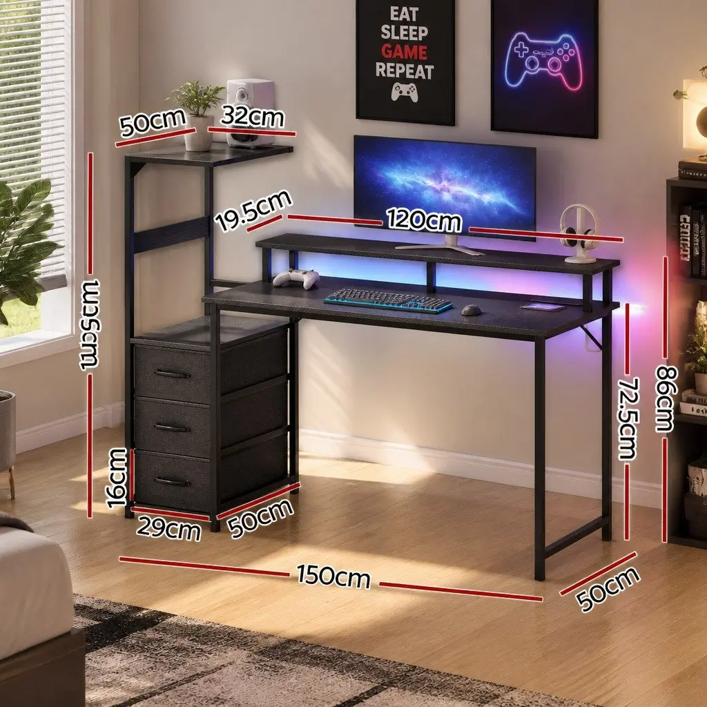 145cm L Shaped Gaming Desk Computer Workstation with RGB LED Lights Power