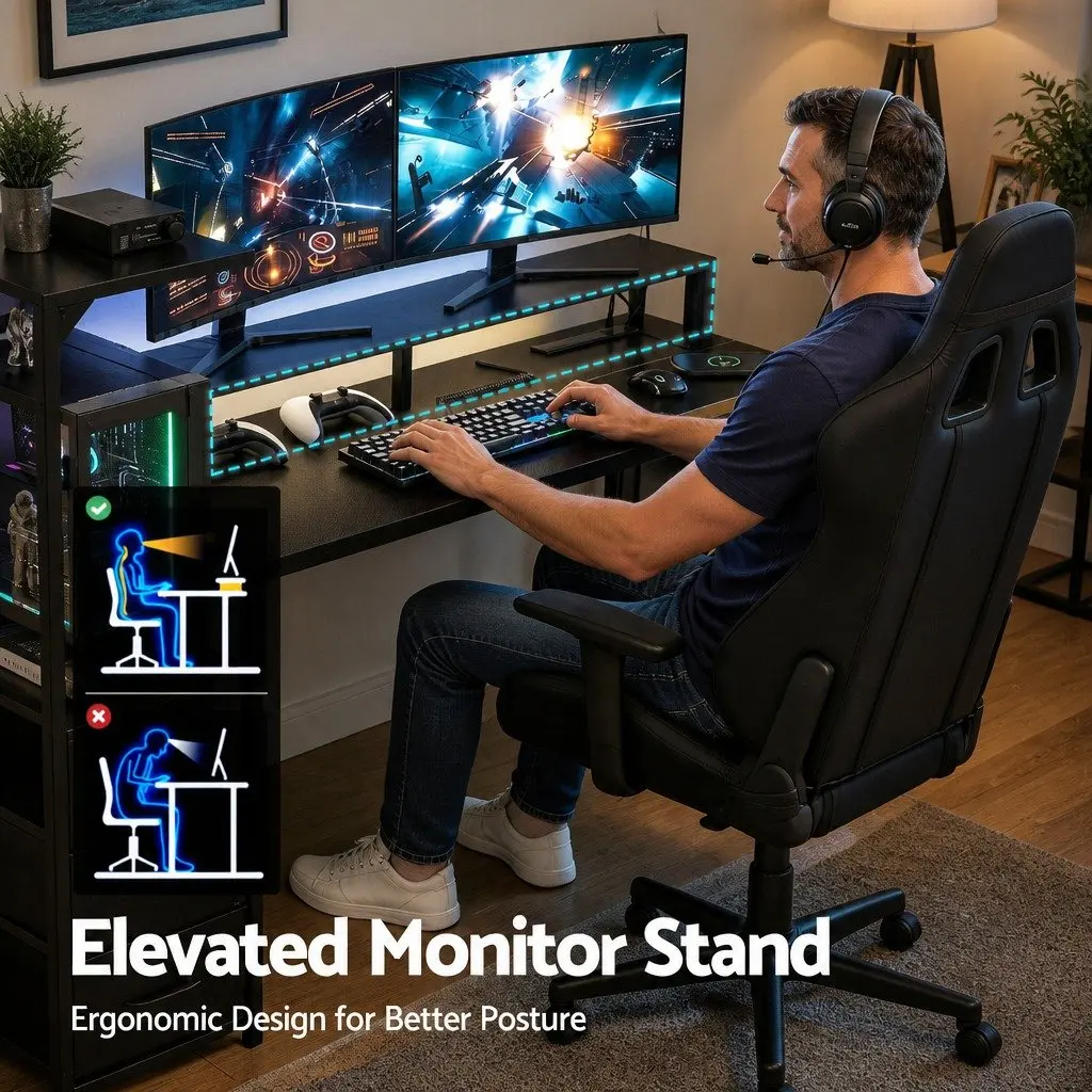 145cm L Shaped Gaming Desk Computer Workstation with RGB LED Lights Power