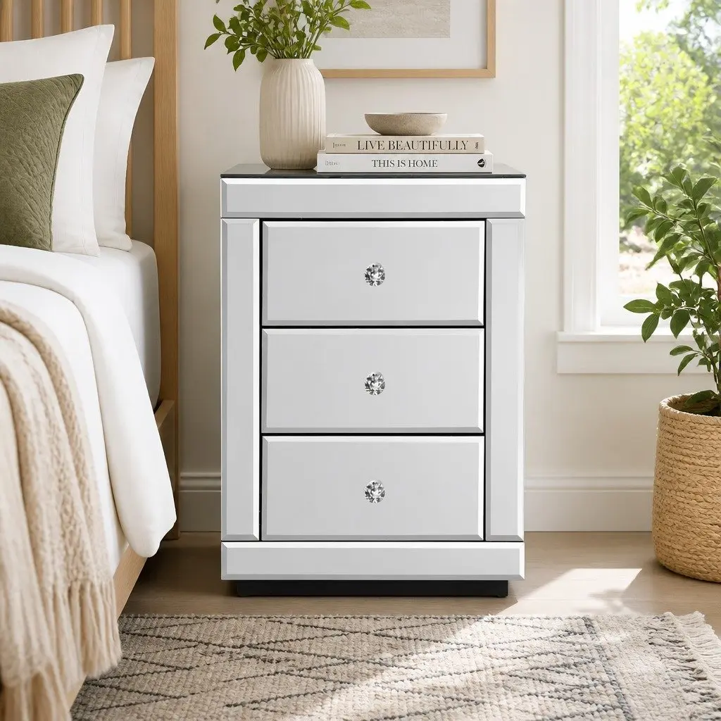 Bedside Table Mirrored Glass E1 Grade MDF 40cm W x 40cm D x 58cm H Silver 3 Drawers Bedroom Storage Nightstand