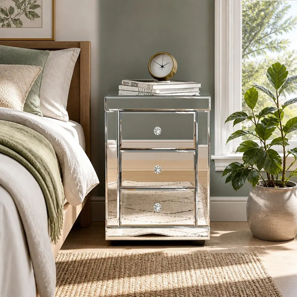 Bedside Table Mirrored Glass E1 Grade MDF 40cm W x 40cm D x 58cm H Silver 3 Drawers Bedroom Storage Nightstand