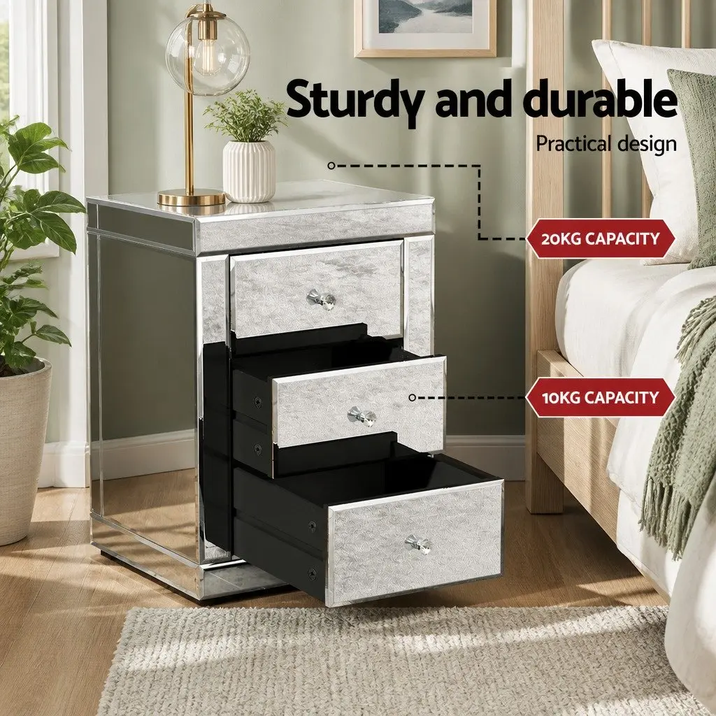 Bedside Table Mirrored Glass E1 Grade MDF 40cm W x 40cm D x 58cm H Silver 3 Drawers Bedroom Storage Nightstand