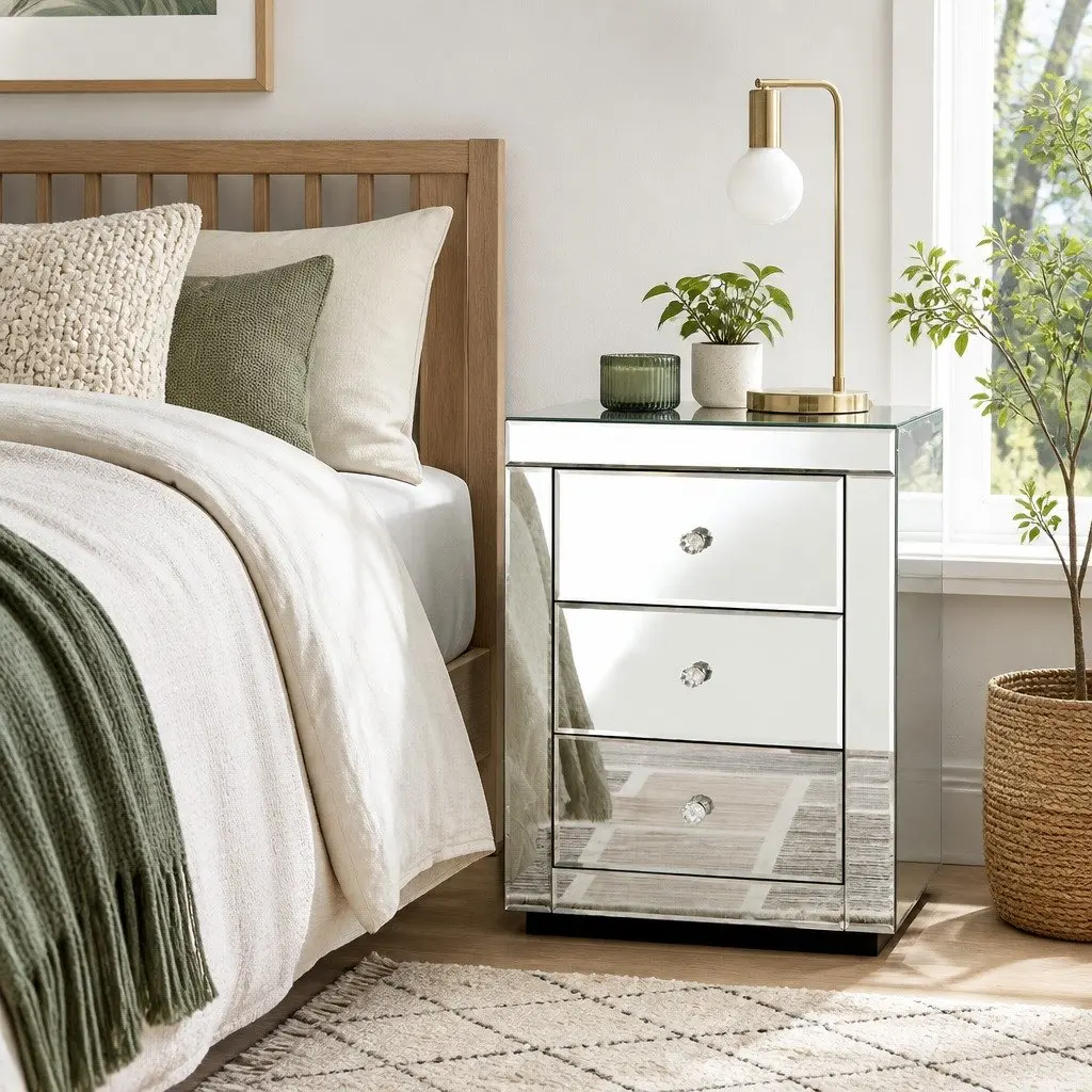 Bedside Table Mirrored Glass E1 Grade MDF 40cm W x 40cm D x 58cm H Silver 3 Drawers Bedroom Storage Nightstand