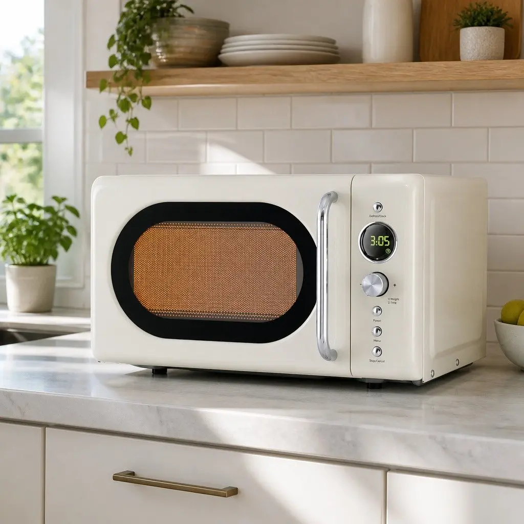 Microwave Oven 20L 700W Cream Digital Timer with LED Display One-Touch Cooking and Defrost Function