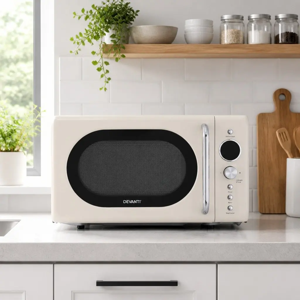 Microwave Oven 20L 700W Cream Digital Timer with LED Display One-Touch Cooking and Defrost Function