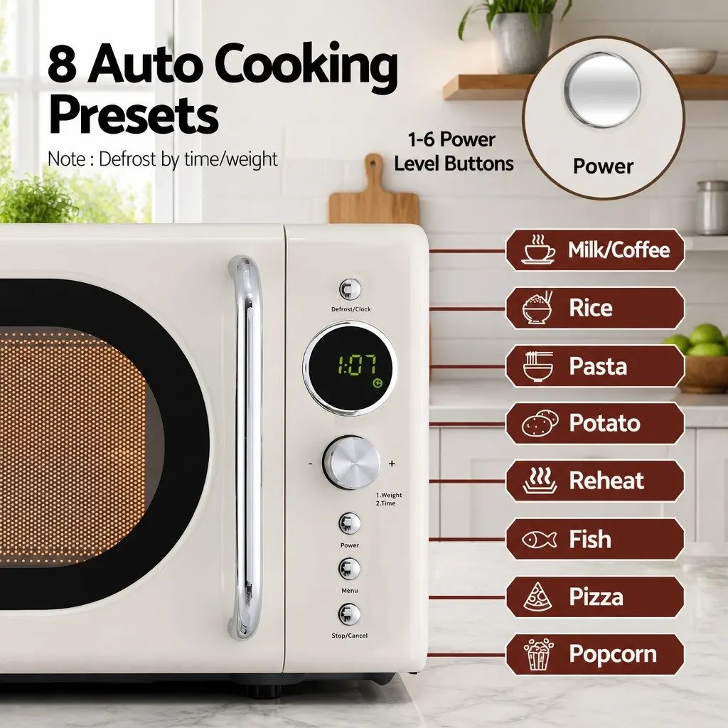 Microwave Oven 20L 700W Cream Digital Timer with LED Display One-Touch Cooking and Defrost Function