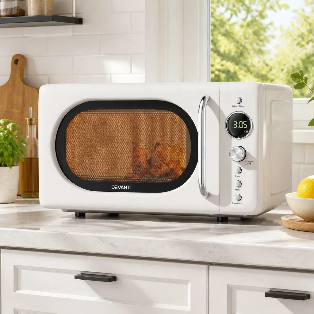 Microwave Oven 20L 700W Cream Digital Timer with LED Display One-Touch Cooking and Defrost Function