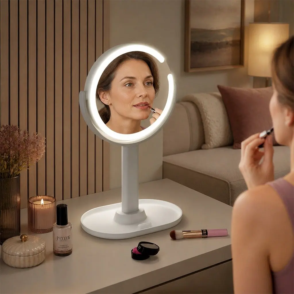 LED Makeup Mirror Double-Sided 10x Magnifying 19cm White with Adjustable LED Lighting USB Rechargeable
