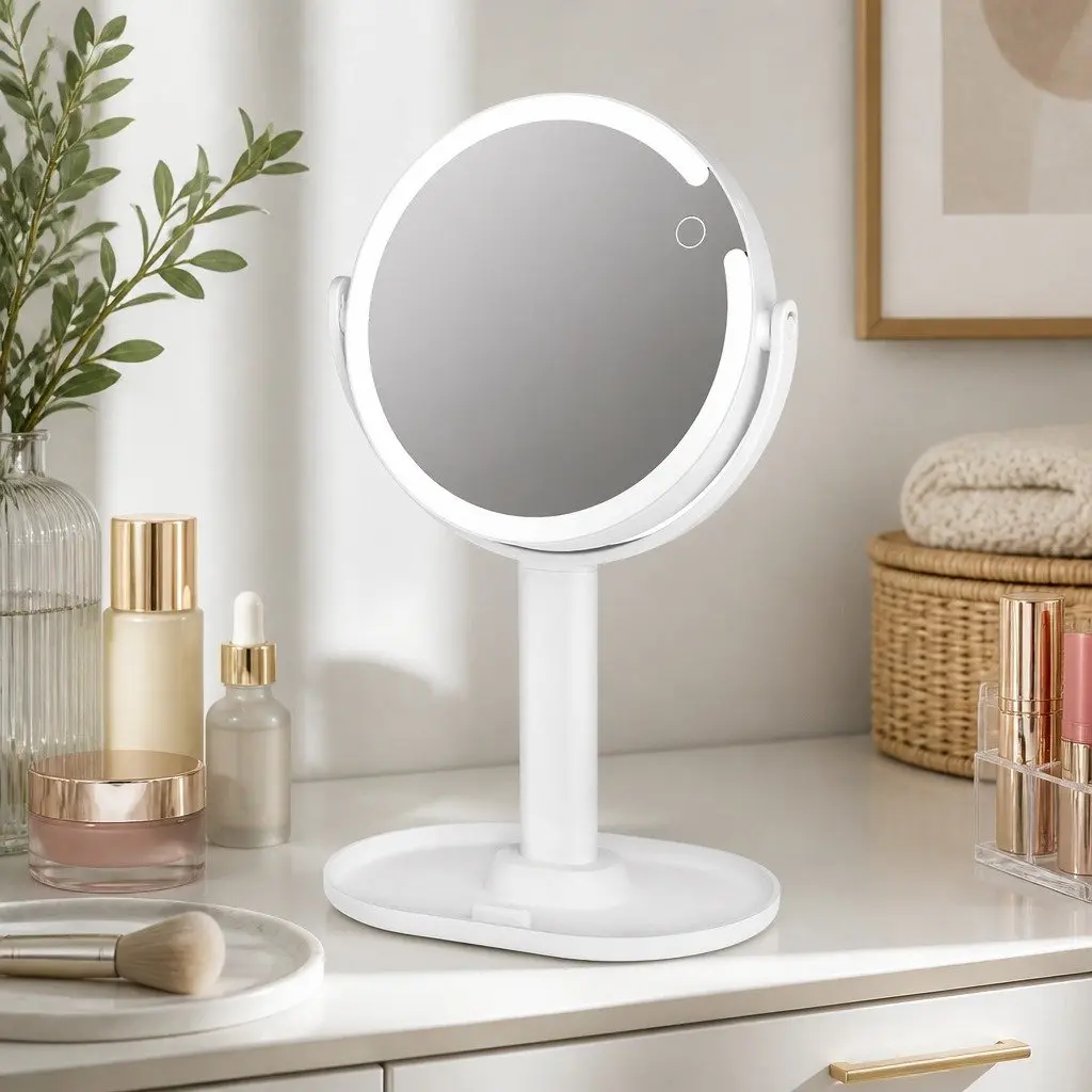 LED Makeup Mirror Double-Sided 10x Magnifying 19cm White with Adjustable LED Lighting USB Rechargeable