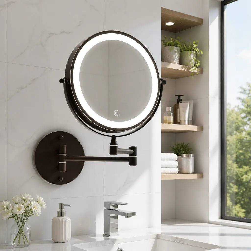 Makeup Mirror Extendable Iron Plating Aluminium 33 cm x 32 cm Brown 10X Magnification Double-Sided LED Illuminated