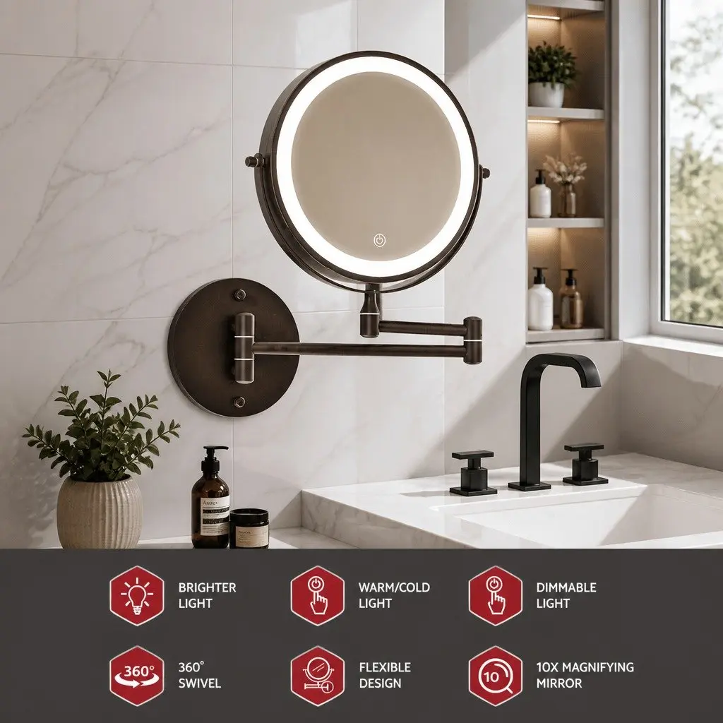 Makeup Mirror Extendable Iron Plating Aluminium 33 cm x 32 cm Brown 10X Magnification Double-Sided LED Illuminated