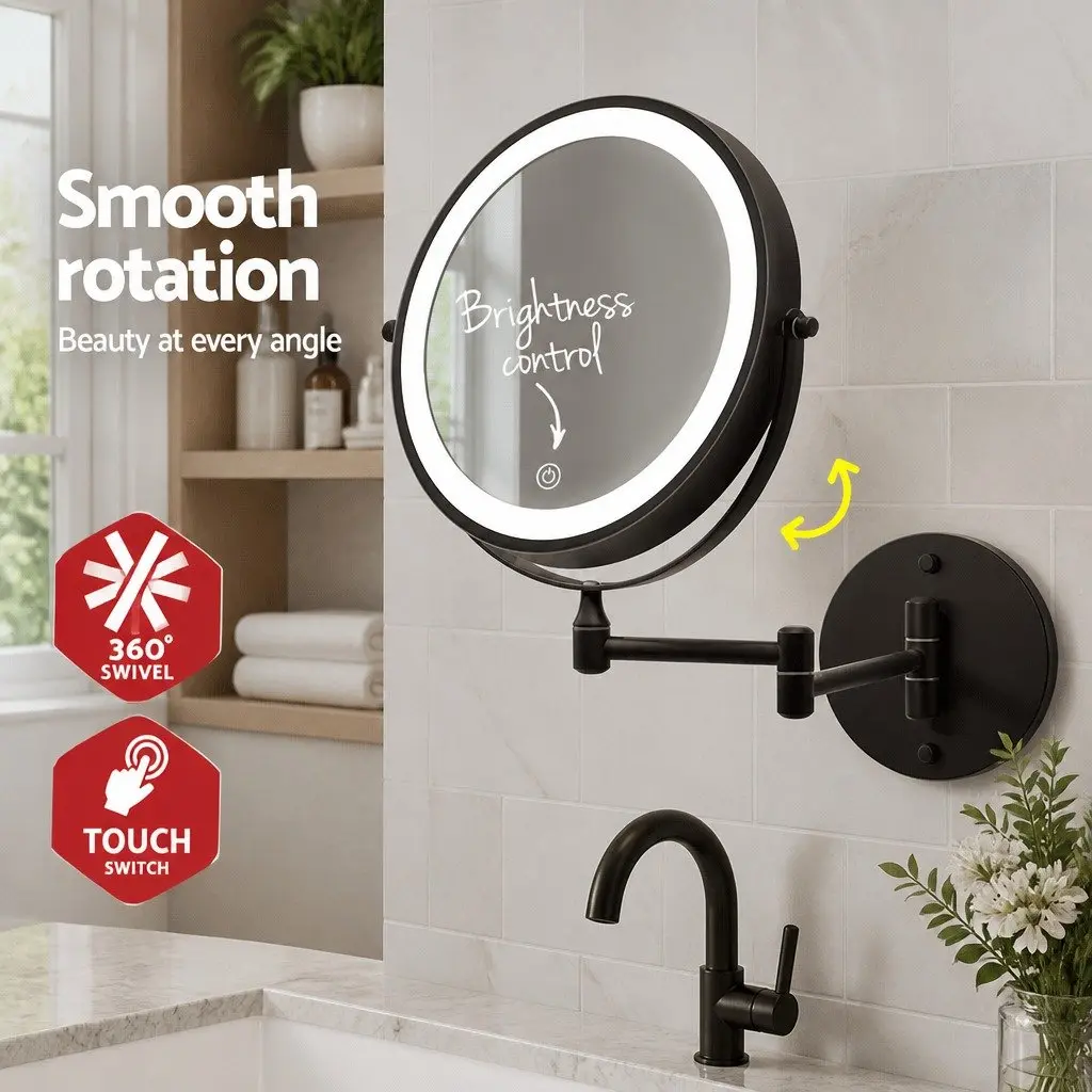 Makeup Mirror Extendable Iron Plating Aluminium 33 cm x 32 cm Brown 10X Magnification Double-Sided LED Illuminated