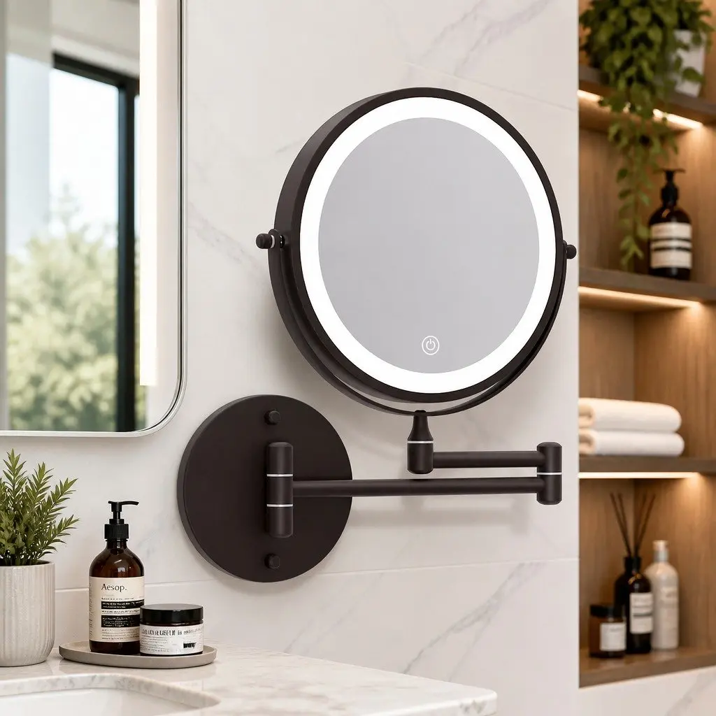 Makeup Mirror Extendable Iron Plating Aluminium 33 cm x 32 cm Brown 10X Magnification Double-Sided LED Illuminated