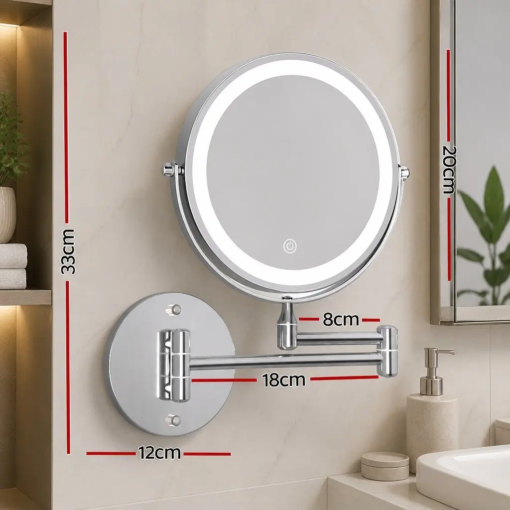 Makeup Mirror Extendable Iron Plating 33cm W x 32cm H Silver Double-Sided 10X Magnifying LED