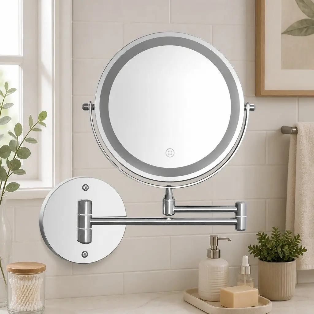 Makeup Mirror Extendable Iron Plating 33cm W x 32cm H Silver Double-Sided 10X Magnifying LED