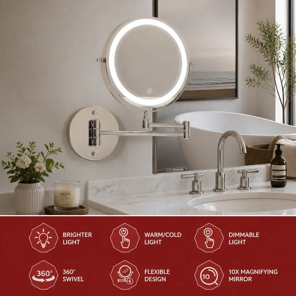 Makeup Mirror Extendable Iron Plating 33cm W x 32cm H Silver Double-Sided 10X Magnifying LED