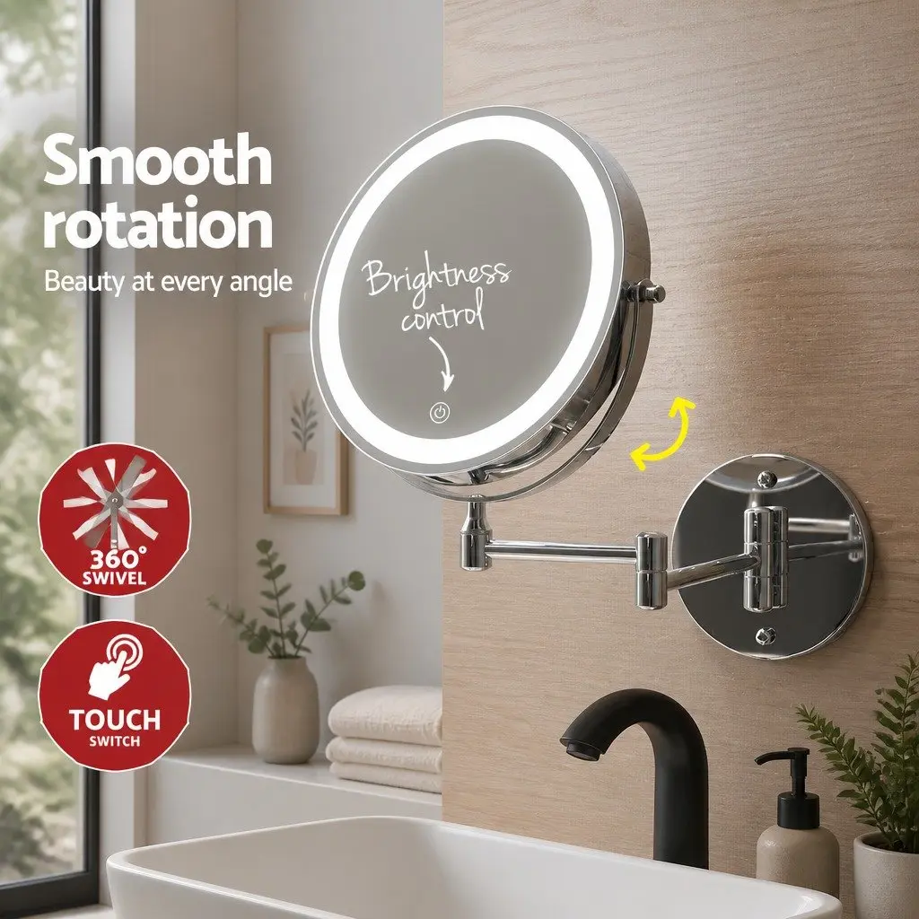Makeup Mirror Extendable Iron Plating 33cm W x 32cm H Silver Double-Sided 10X Magnifying LED